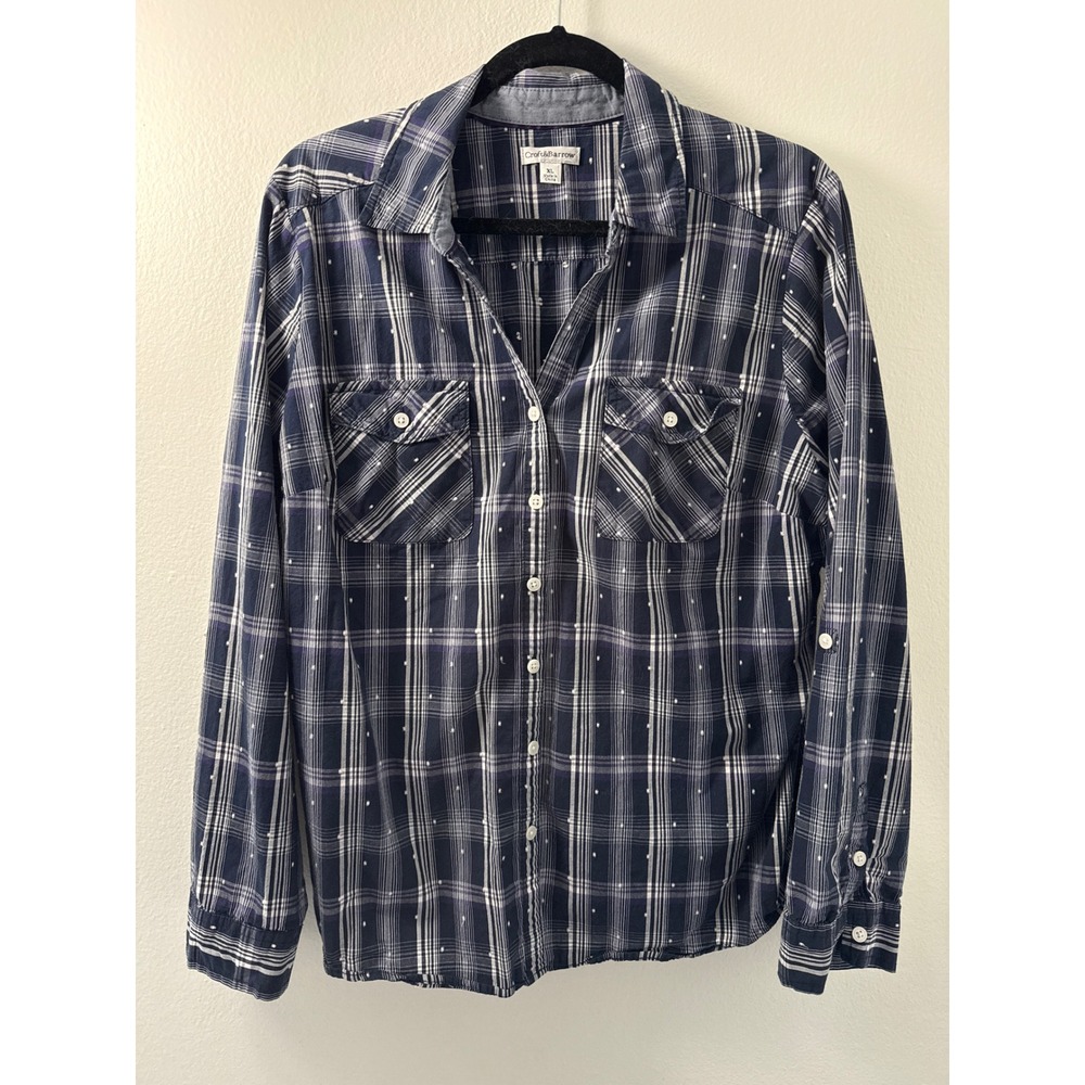 Croft & Barrow Women's L/S Button Down Size XL Blue Plaid With Dots 100% Cotton